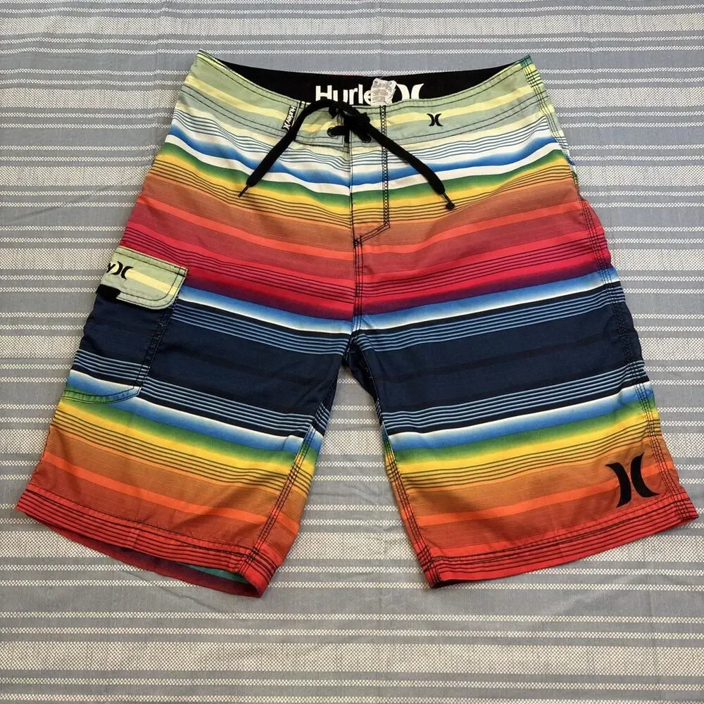 Hurley Board Swim Trunks Shorts Colorful Striped Logo Pocket Tie - Picture 2 of 11
